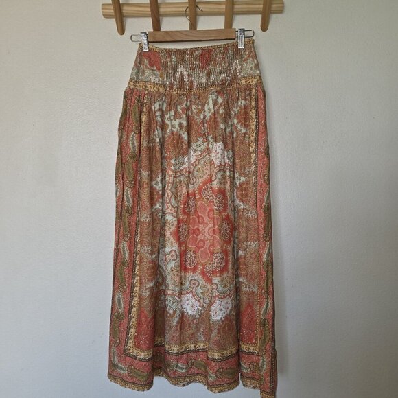 House of Harlow 1960 Maxi Skirt XS Linen Blend Boho Paisley Medallion Orange - Picture 9 of 16